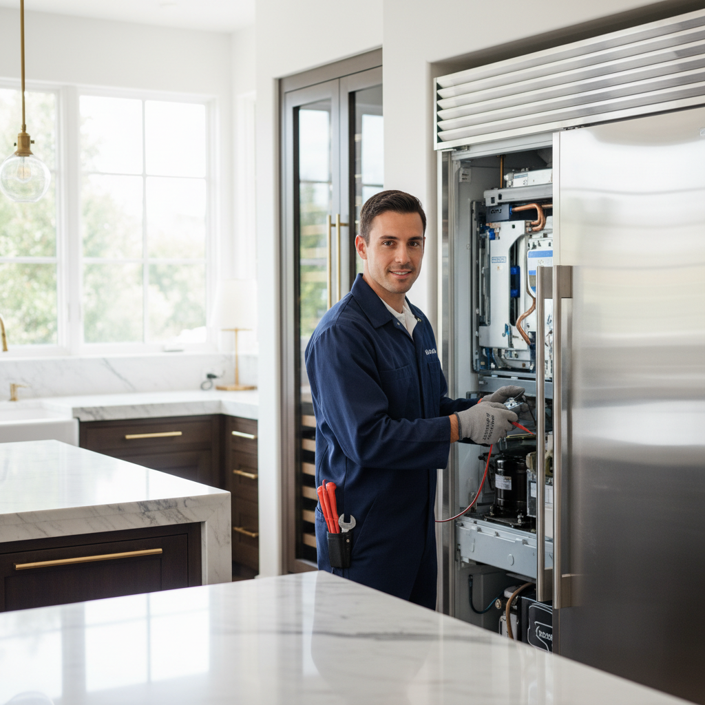 Technician inspecting a built-in Viking refrigerator